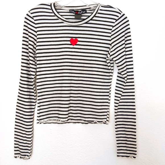 Polly & Esther Tops - Polly & Esther French Striped Crop Top Sz M Long Sleeve Crew Neck White Black
